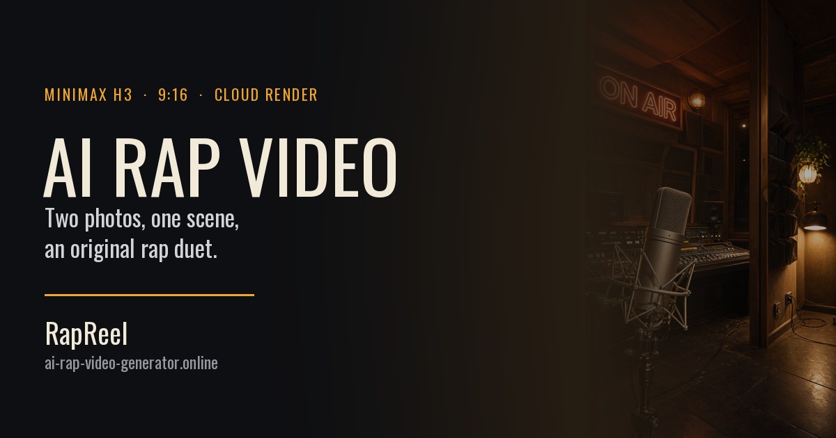 RapReel brand card: two photos and one scene become an original rap duet, over a studio backdrop with a microphone and an ON AIR sign